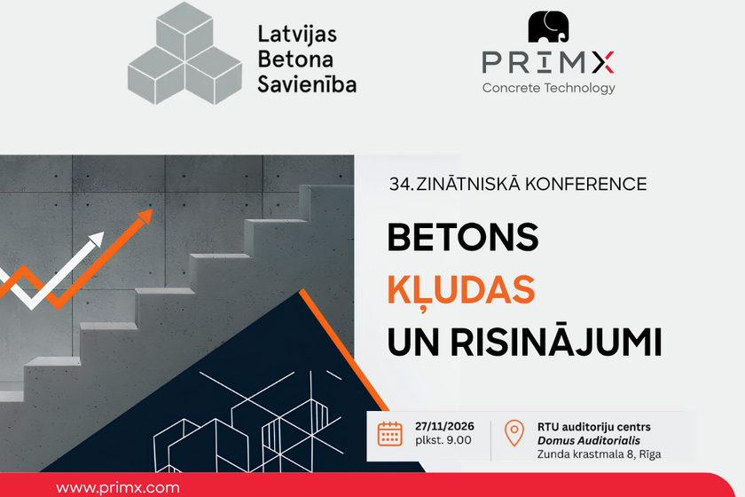 Latvijas Betona savienības 34. zinātniski tehniskā konference 2026 Primekss | PrīmX Concrete Technology komanda, kā viens no konferences lieldraugiem un dalībniekiem, piedalīsies Latvijas Betona savienības 34. zinātniski tehniskajā konferencē, kas notiks šī gada 27. novembrī RTU auditoriju centrā "Domus Auditorialis", Zunda krastmalā 8, Rīgā. Pasākuma centrālais temats būs "Betons, kļūdas un risinājumi".